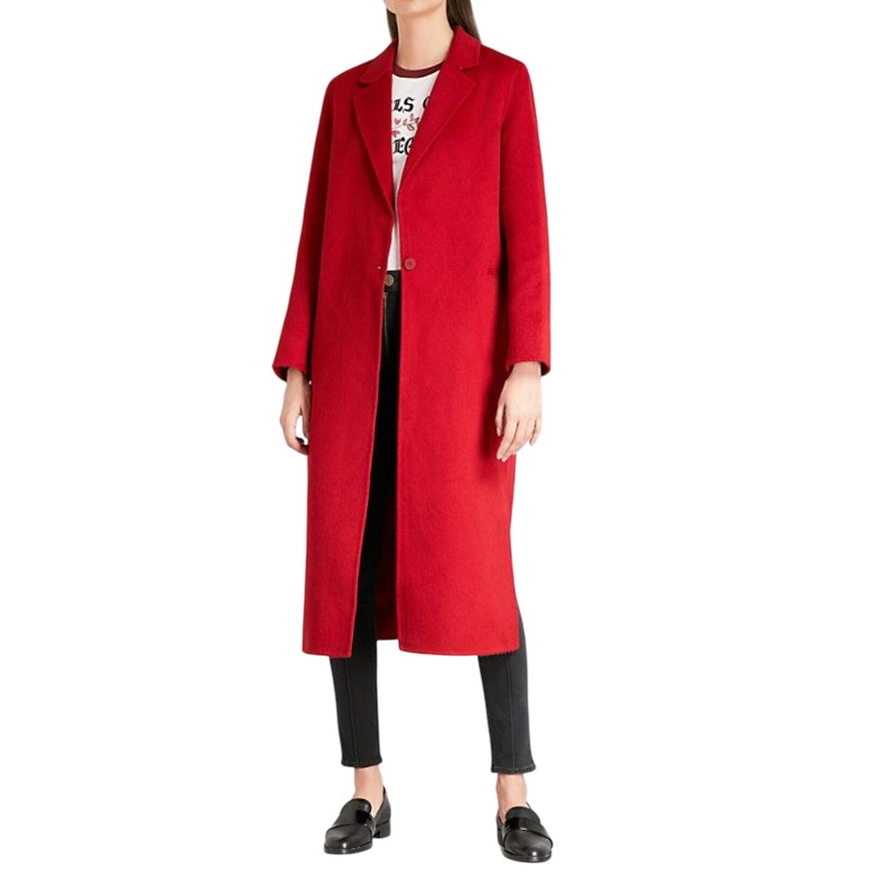 Sandro Single Breasted Brushed Wool Blend Coat Red FR 40 US 8 Longline Slit Hem